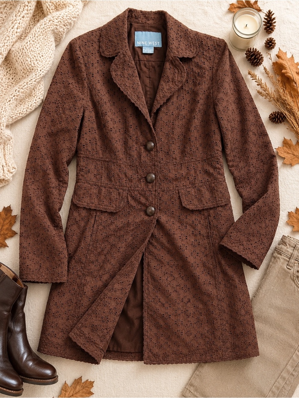 Nine West Brown Eyelet Embroidered Long Blazer Jacket Coat Size Medium